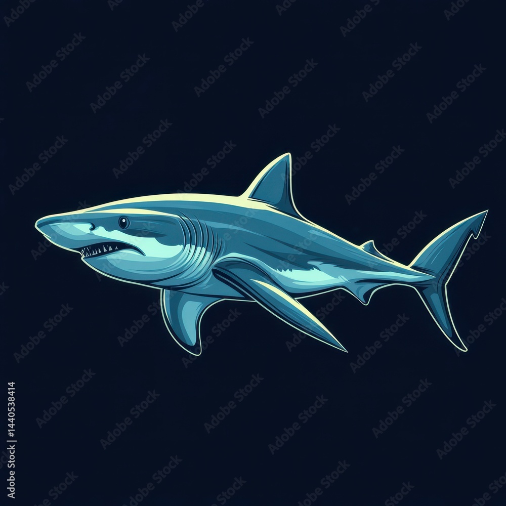 Fototapeta premium Detailed illustration of a great white shark swimming in deep ocean waters, showcasing vibrant colors and lifelike texture