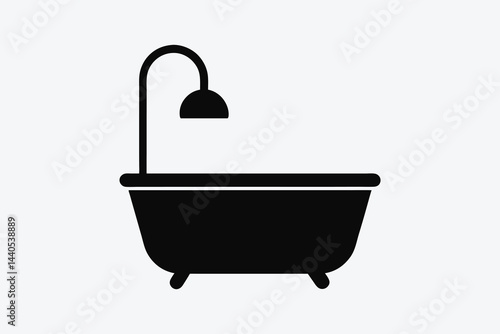 Black and White Bathtub Icon with Showerhead