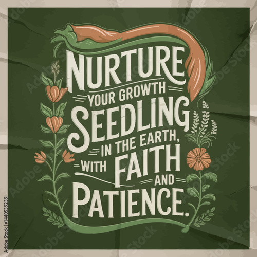 Nurture growth seedling faith patience garden art print for botanical home decor and inspirational quotes ,illustration design for t-shirt