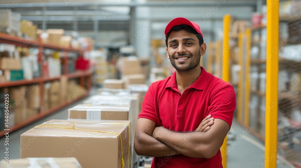 Obraz premium A confident Indian warehouse worker in a distribution center.