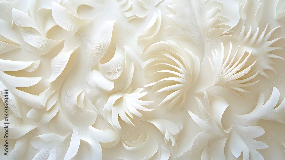 Intricate paper art featuring a lush arrangement of creamy white, layered floral and leaf motifs. The 3D design creates a soft, textured background ideal for various design applications. Intricate paper art featuring a lush arrangement of creamy white, layered floral and leaf motifs. The 3D design creates a soft, textured background ideal for various design applications.