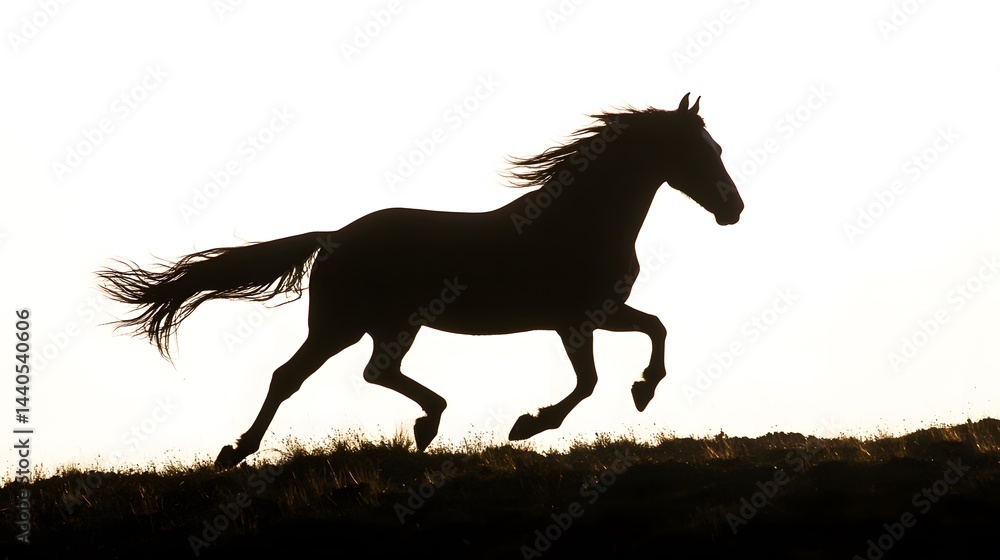 Silhouette of a horse running across a field at sunset. The horse is dark against a bright white background, creating a striking image of freedom and wildness. Silhouette of a horse running across a field at sunset. The horse is dark against a bright white background, creating a striking image of freedom and wildness.