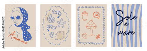 Set of hand drawn vintage posters in dolce vita style. Vector illustration of italian style hand drawn posters. Illustration for invitations, menus design. Breakfast, lunch, dinner concept.	