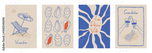 Set of hand drawn vintage posters in dolce vita style. Vector illustration of italian style hand drawn posters. Illustration for invitations, menus design. Breakfast, lunch, dinner concept.	