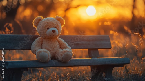 Cute Teddy Bear on a Bench at Sunset in a Tranquil Outdoor Setting