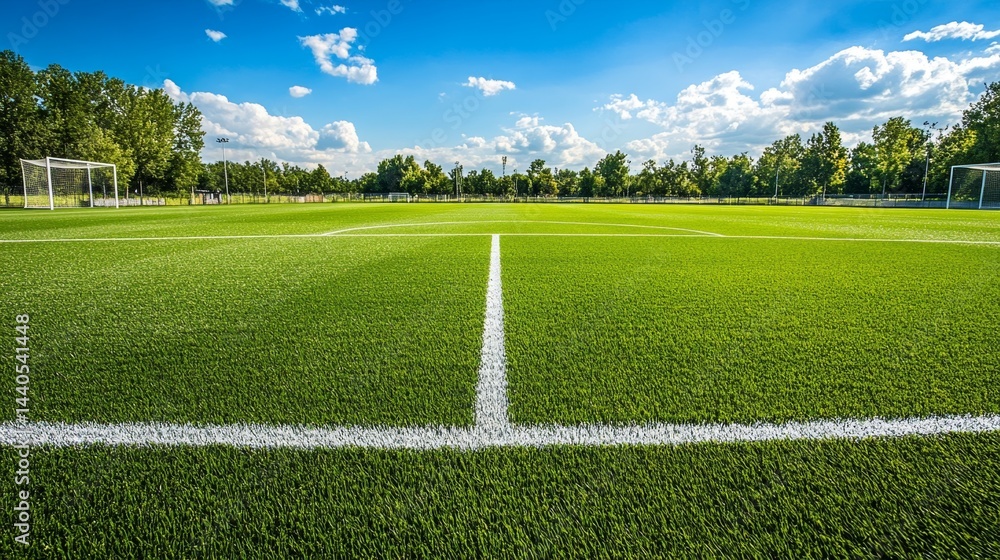 Fototapeta premium Exciting soccer match preparation on lush green field local stadium sports photography bright day wide angle team spirit