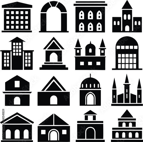 This vector icon set showcases various house designs, including building silhouettes and residential homes, perfect for urban or village illustrations