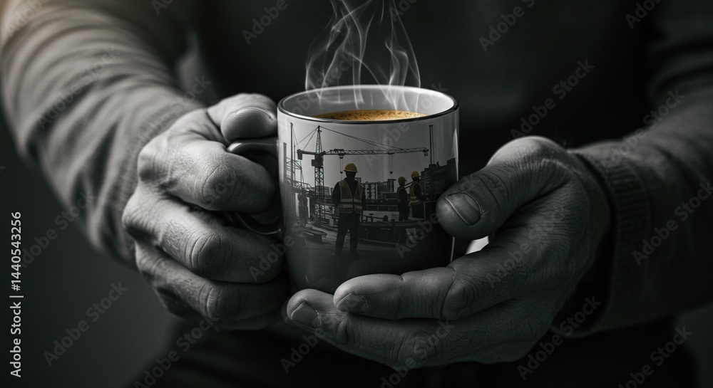 Hands holding a coffee mug with construction site image