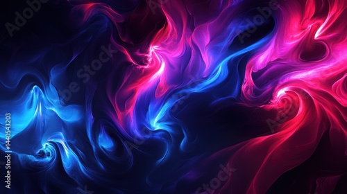 Abstract swirling neon blue and red light patterns on black background.