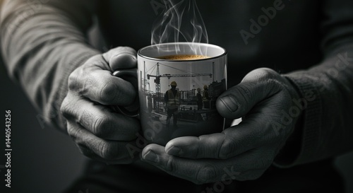 Obraz na płótnie Hands holding a coffee mug with construction site image w salonie