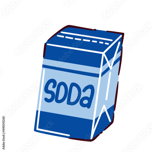 Cartoon doodle style box of baking soda in blue color, labeled "soda." Vector illustration of cleaning soda box for household, kitchen, or hygiene design.