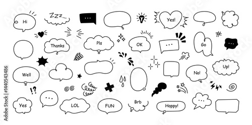 Line comic frame. Speech bubbles hand drawn, speech balloon doodles with manga expression icons, dialogue chat box with fun, happy and hi, yes and no, ok, thanks. Vector set