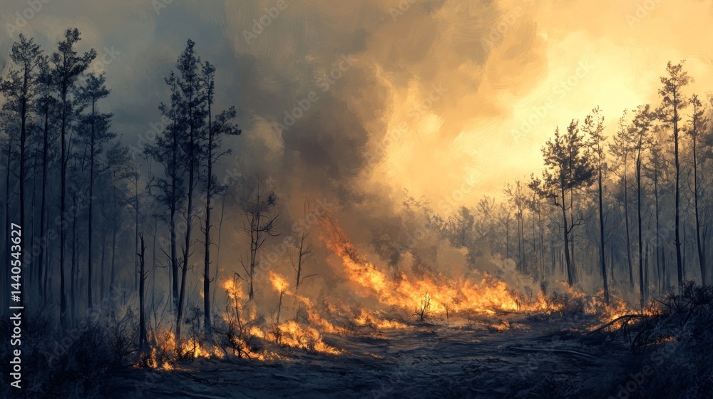 Fototapeta premium Forest fire devastation natural landscape fiery event atmosphere smoky environment distant viewpoint climate crisis