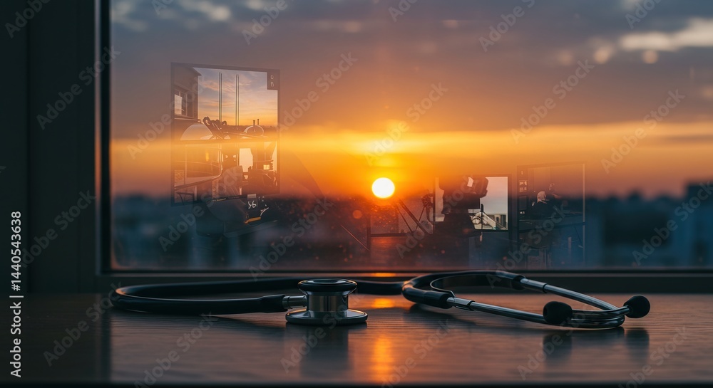 Stethoscope on desk with sunset reflection in window pane
