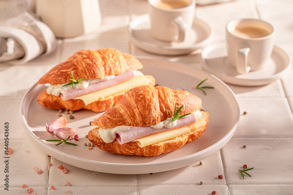 Homemade and hot french croissant with cheese, ham and garlic.