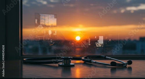 Obraz na płótnie Stethoscope on desk with sunset reflection in window pane w salonie