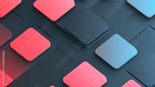 Abstract geometric pattern with red, blue, and gray squares on a dark background.