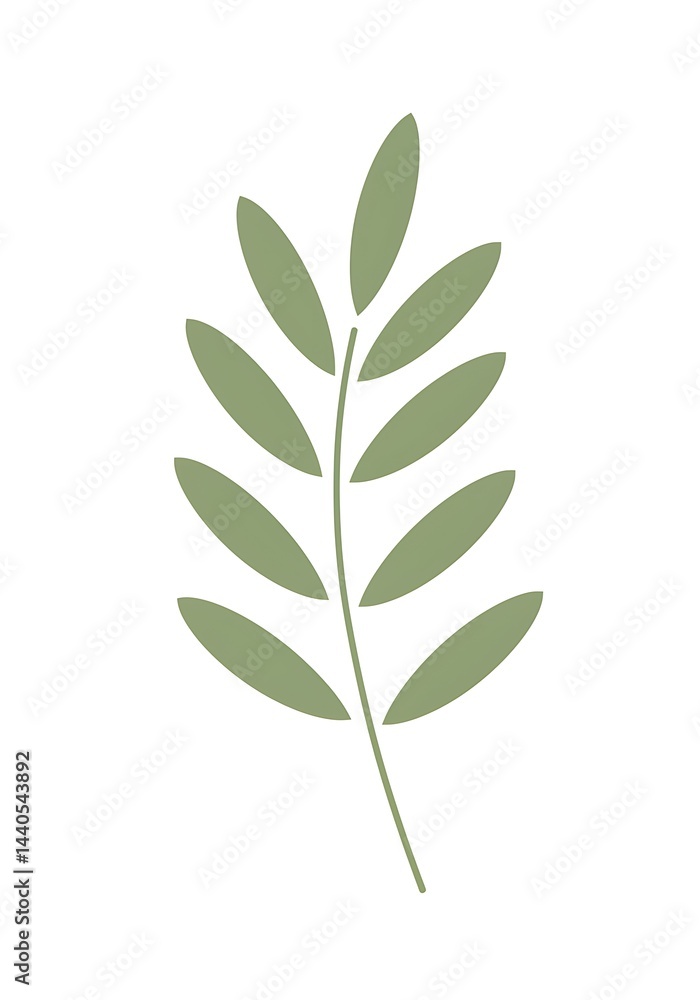 Isolated Green Leaf Branch Simple Botanical Illustration