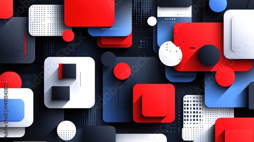 Abstract geometric background with red, blue, and white squares and circles, featuring a layered, dimensional design and subtle shadow effects.