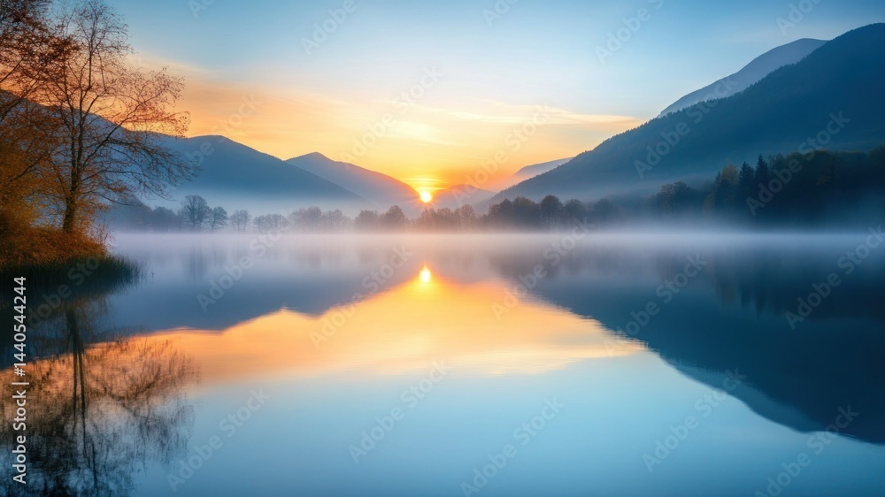 Fototapeta premium Sunrise over misty lake with mountain view