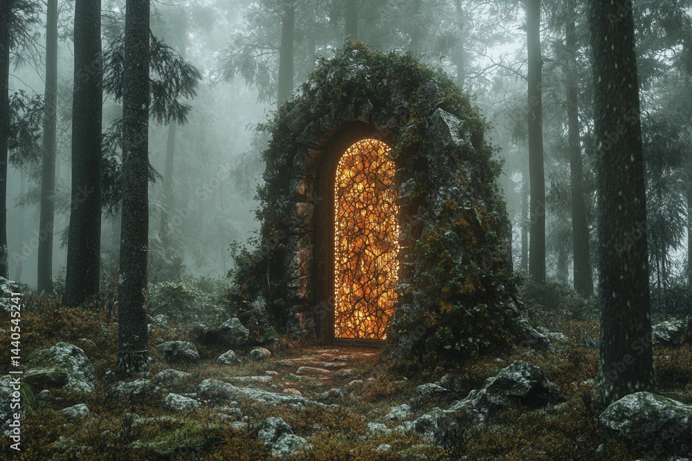 Obraz premium Mysterious stone gateway stands in a serene forest surrounded by tall trees on an overcast day