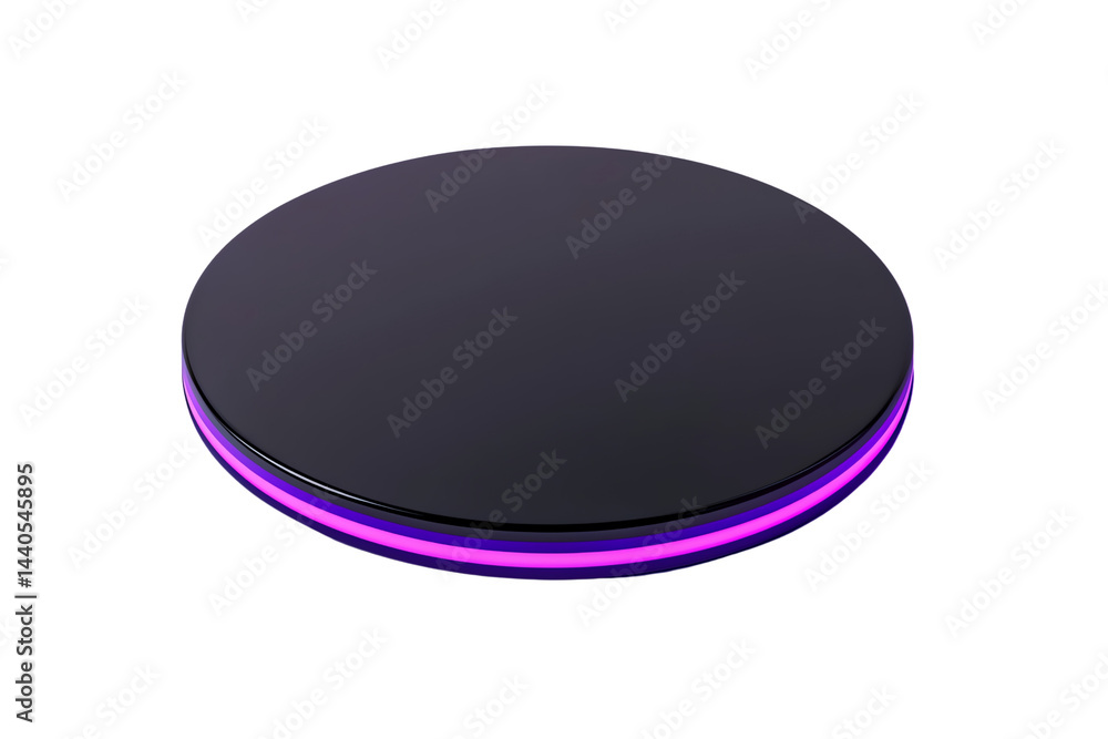 Sleek round wireless charging pad with a glowing purple LED edge. Sleek round wireless charging pad with a glowing purple LED edge.