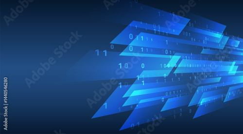 Abstract technology background with glowing blue lines and binary code on a dark gradient. Concept of data transmission, innovation, and digital communication.
