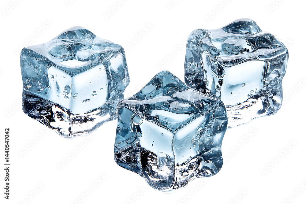 Obraz premium Three ice cubes float against a black background refreshing cool transparent