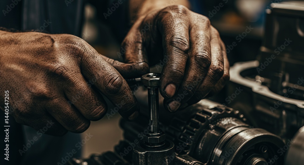 Close up of dirty hands working on an engine component part