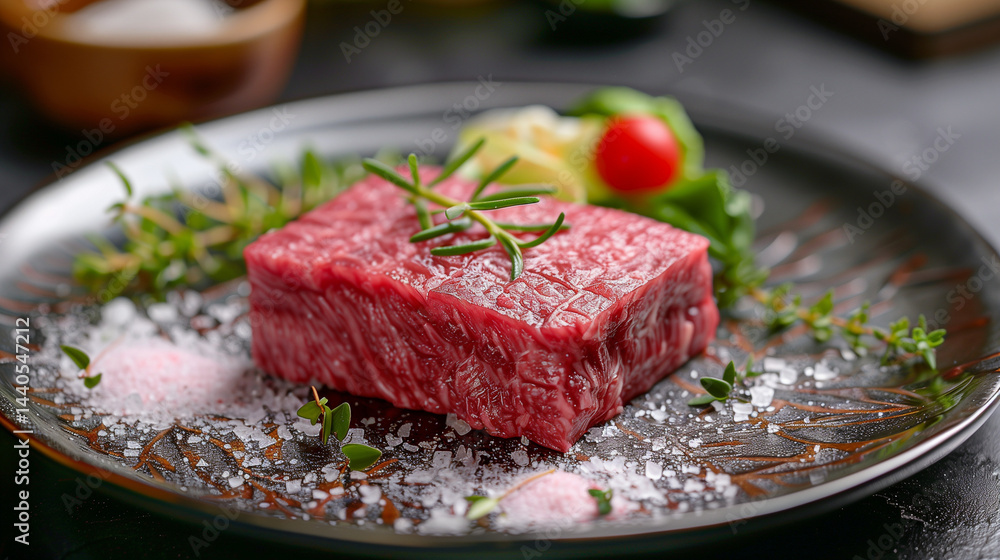 Raw marbled beef steak garnished with herbs and salt. Raw marbled beef steak garnished with herbs and salt.