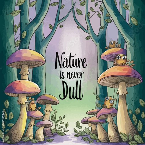 Nature is never dull colorful illustration of mushrooms and cute creatures in a forest scene art ,illustration design for t-shirt