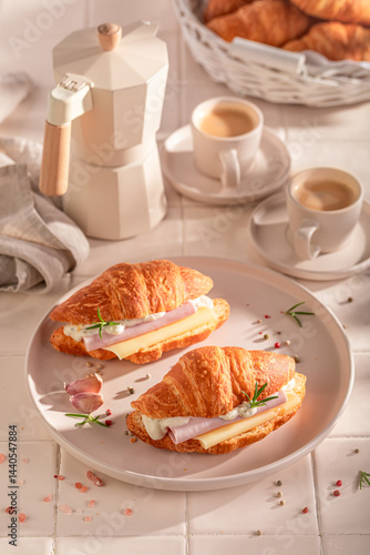 Obraz na płótnie Homemade and hot french croissant for breakfast in morning. w salonie
