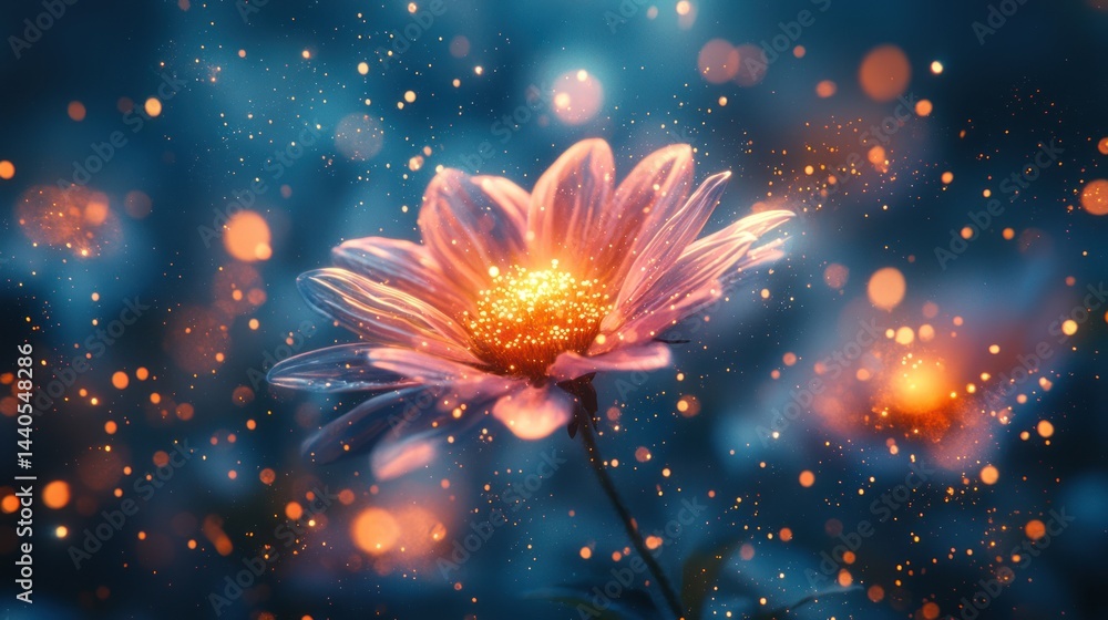 Obraz premium Dreamy pink flower with glowing center surrounded by bokeh lights on blue background.