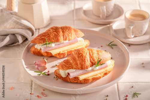 Homemade and hot french croissant as a savory breakfast.