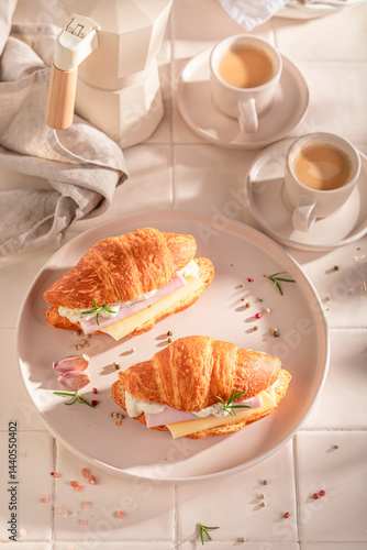 Obraz na płótnie Golden and fresh french croissant for breakfast in morning. w salonie