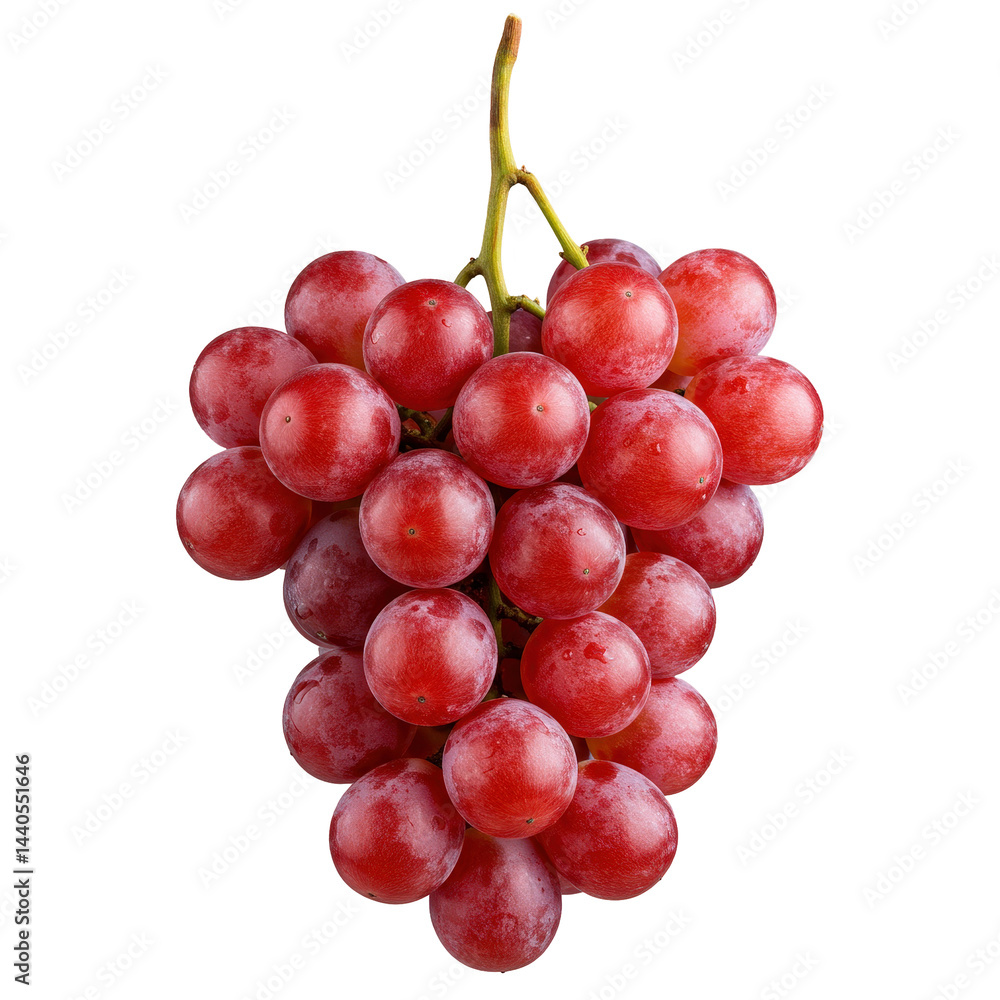 Bunch of red grape on stem. Round fruit with smooth skin