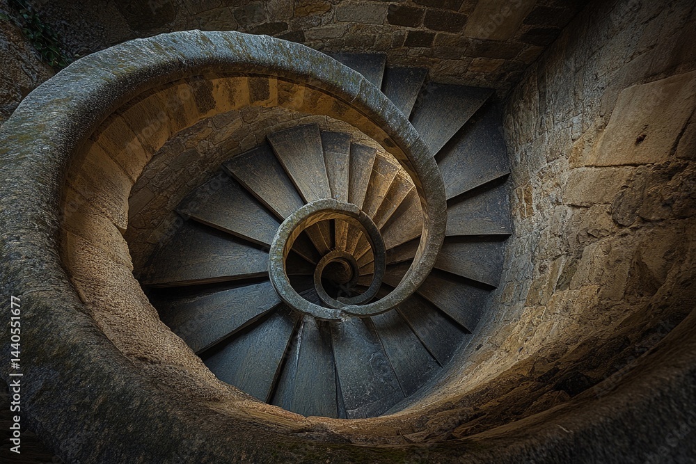 Fototapeta premium Endless spiral staircase viewed from above, showcasing a mesmerizing architectural design in a historic building