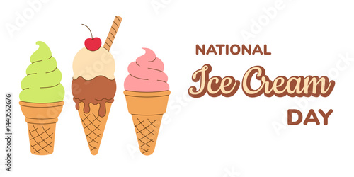 Horizontal summer poster, postcard National Ice Cream Day. Soft vanilla gelato, melted scoop ice cream, of in waffle cone on white background. Hand drawn flat Vector illustration EPS10