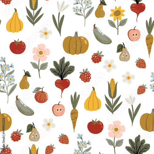 Seamless vector pattern in flat cartoon style. Colorful pumpkins, pears, apples, strawberries, zucchinis, tomatoes, raspberries, and corn cobs on a white background. Perfect for kids' designs 