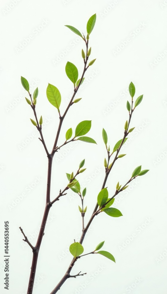 Branches isolated in white with scattered green leaves and stems, minimalist, simplicity, elegance Branches isolated in white with scattered green leaves and stems, minimalist, simplicity, elegance