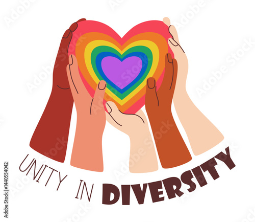 Pride month. Diverse Hands with Rainbow LGBT Heart. Symbol of LGBTQ community, love, support, inclusivity and acceptance. Positive inspirational Vector Illustration for design, card, print