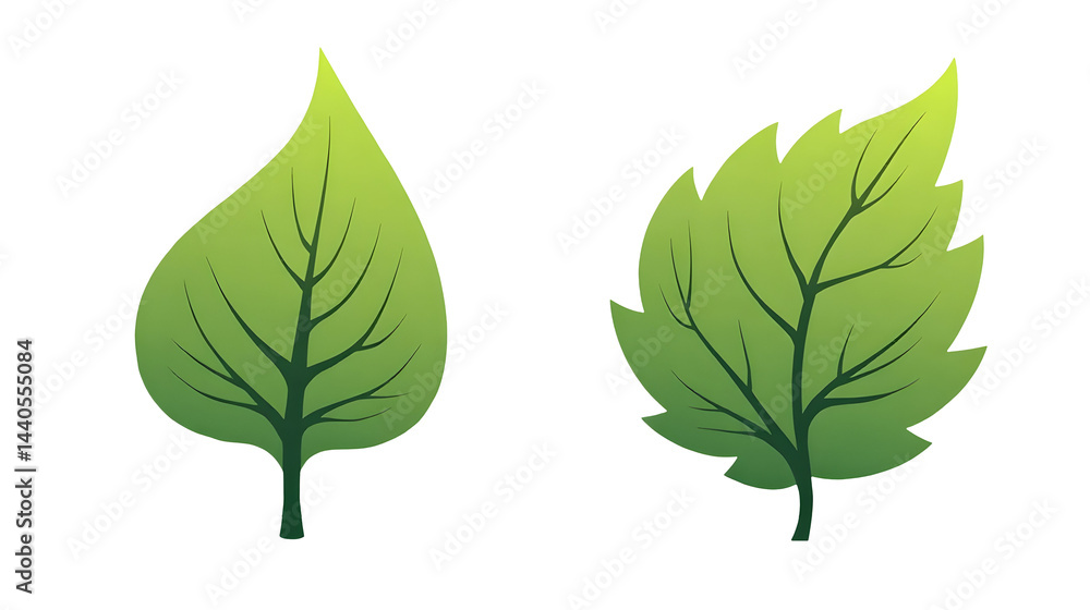 Stylized green leaves with intricate vein patterns, symbolizing nature and growth