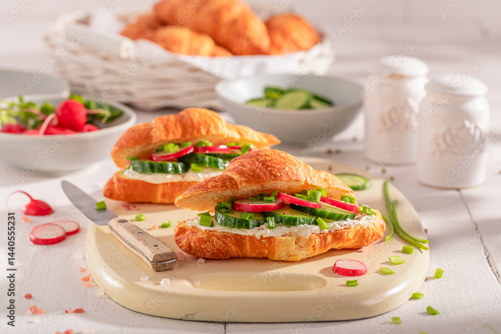 Golden and healthy french croissant in spring morning.