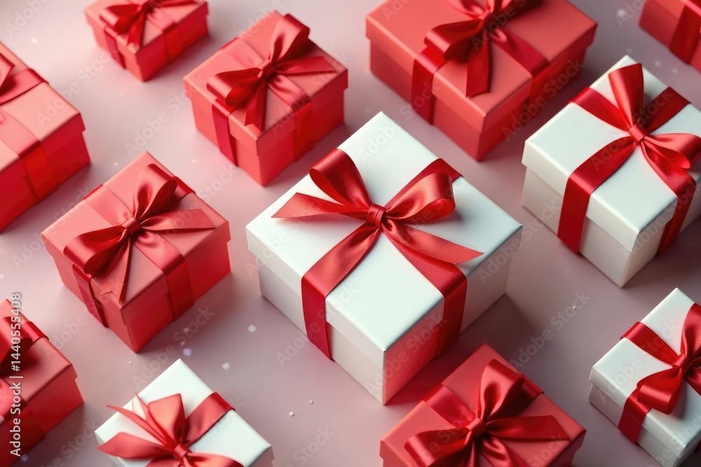 Elegant red ribbon tied gift boxes, repeating pattern, ornate, anniversary Elegant red ribbon tied gift boxes, repeating pattern, ornate, anniversary
