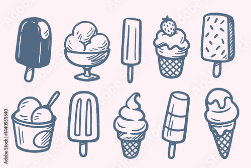 Hand drawn ice cream set in bold cartoonish sketch style, black outlines