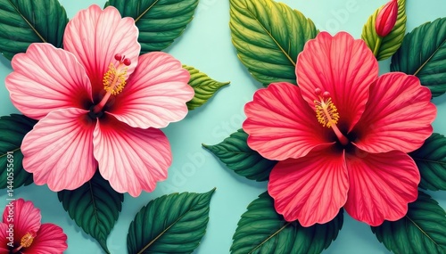 Wallpaper Mural Bold hibiscus blooms, stylized leaves, repeating motif , background texture, art, vibrant colors Torontodigital.ca