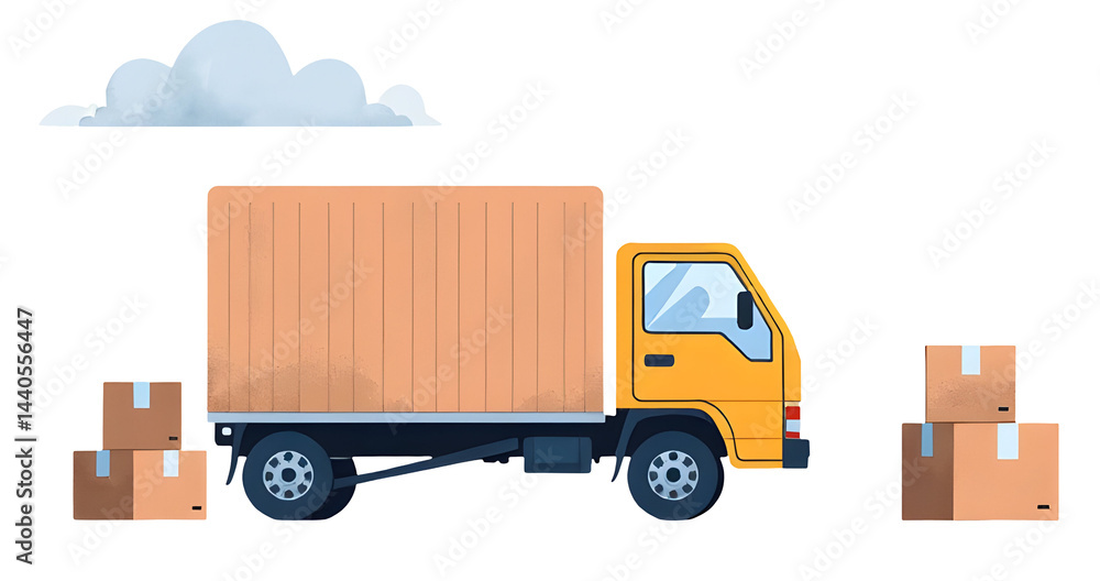 Delivery truck with boxes, ready for transport, under cloudy sky