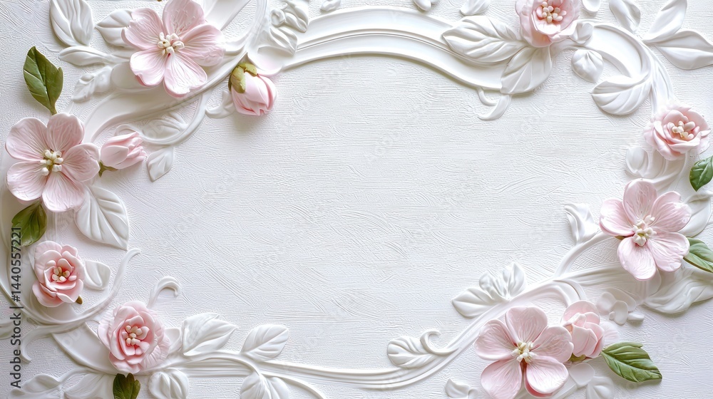 Obraz premium Round decorative panels with delicate pink blossoms on white background.