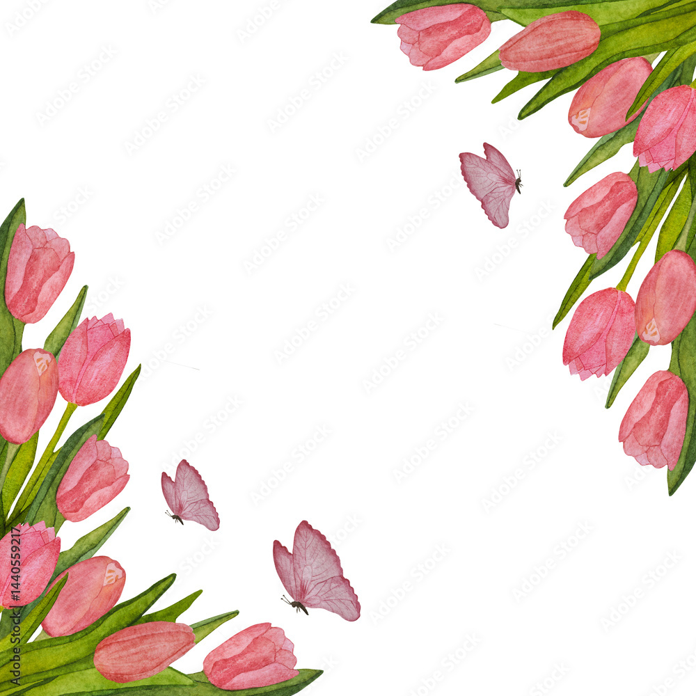 custom made wallpaper toronto digitalWatercolor corner frame of pink tulips on white background. For designing packaging, greeting cards, wedding invitations