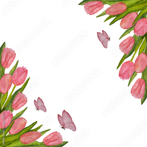 Wallpaper Mural Watercolor corner frame of pink tulips on white background. For designing packaging, greeting cards, wedding invitations Torontodigital.ca